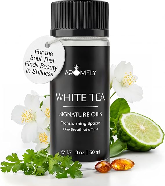 AROMELY White Tea Diffuser Oil Blend | Luxury Home Fragrance Oil for Diffusers | Hotel-Inspired Signature Scent with Notes of White Tea, Bergamot, Citrus, Cardamom, Jasmine & Amber | 50ml