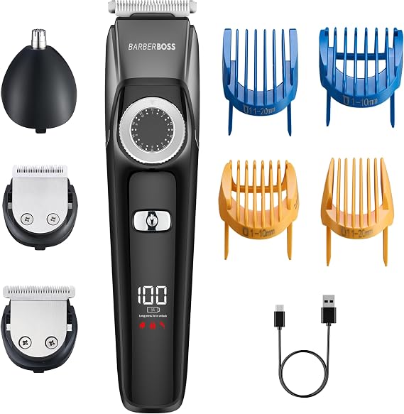 Barberboss 3-in-1 Beard & Hair Trimmer for Men, Cordless Grooming Kit with Nose/Ear Trimmer, Adjustable Dial, Ceramic Blades, Waterproof & USB Charging, Men’s Grooming Kit