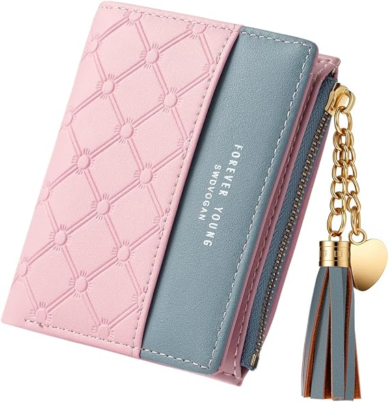 Women's Wallet with Tassels, Women's Leather Wallet, Purses for Women Genuine Leather, Separate Zipper Coin Pocket, Minimalist Small Ladies Purse, Credit Card Holder with ID Window, Pink