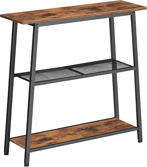 HOOBRO 3-Tier Slim Console Table, Narrow Hallway Table with Open Storage Shelves, Narrow Side Table, Behind Sofa Table for Small Space, Entryway, Hallway, Living Room, Rustic Brown EBF62XG01