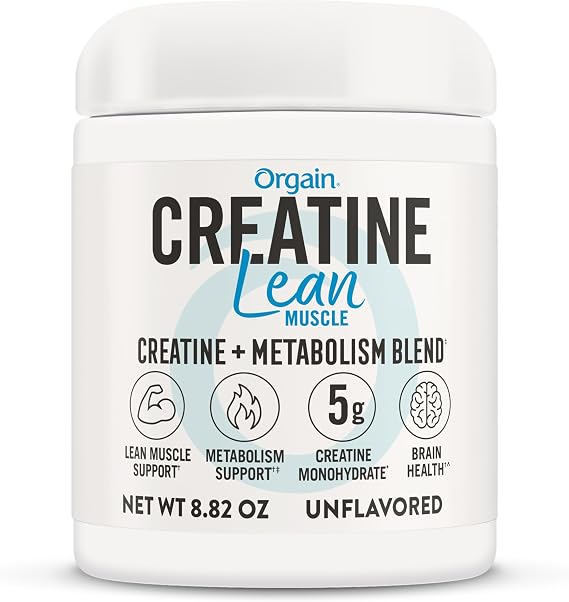 Orgain Micronized Creatine Monohydrate Lean Muscle Powder with Metabolism Blend, Unflavored, 50 Servings, Supports Muscle Strength and Brain Health, No Dairy or Soy, Gluten Free, Vegan