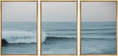 SIGNWIN Framed Wall Art Print Set Wide Angle Rushing Ocean Waves and Surfers Nature Wilderness Photography Modern Chic Scenic RelaxCalm Multicolor for Living Room, Bedroom, Office - 24x36x3 NATURAL