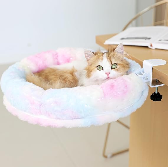 Cat Desk Bed, Cat Perch for Home Office, 360Rotating & Adjustable Shelf, Removable Comfortable Soft Pet Nest Bed, Modern Unique Kitten Furniture Attachment for Game Tables (Gradient)