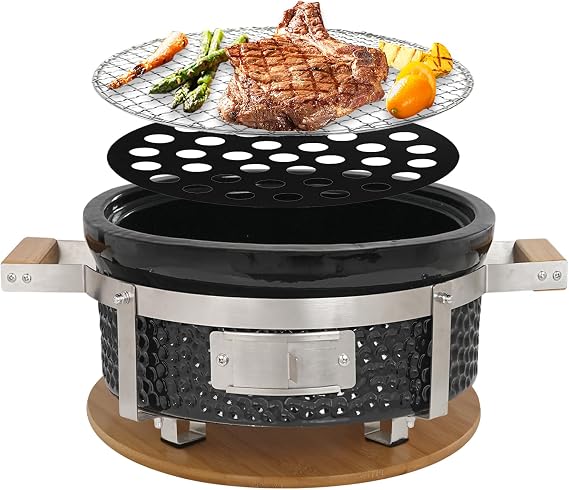 Yakitori Ceramic Charcoal Grill, Japanese Style Tabletop BBQ With Bamboo Heat Shield For Indoor/Outdoor, Round, DIA-14