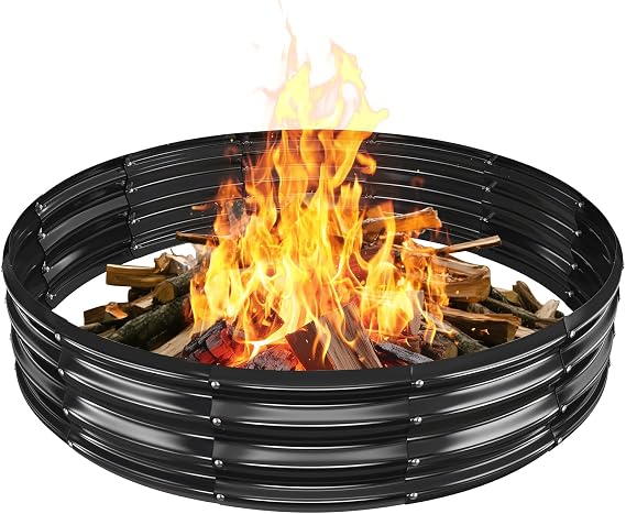 12" high,60" Diameter Metal Fire Pit Ring/Bonfire Fire Ring Black | 5X5X1 FT,0.7 MM Thick Wave-Shaped Metal Panels Painted,Butterfly Nut and Tool Free,Durable and Stylish for Outdoor