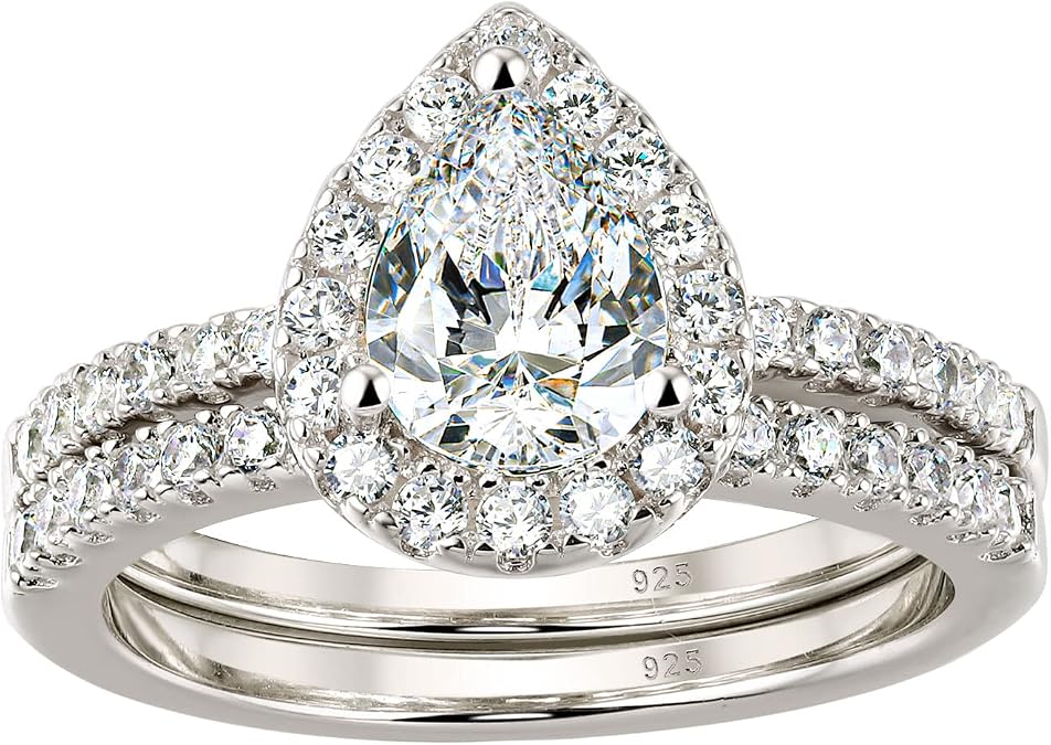 Wuziwen Pear Cut Wedding Band Bridal Ring Set for Women Halo CZ 925 Sterling Silver