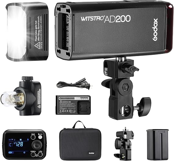 Godox AD200 200Ws 2.4G TTL Speedlite Flash Strobe, HSS 18000s Pocket Monolight with 2900mAh Battery, Bare Bulb Flash Head, 0.01-2.1s Recycle Time, 500 Full Power Flashes