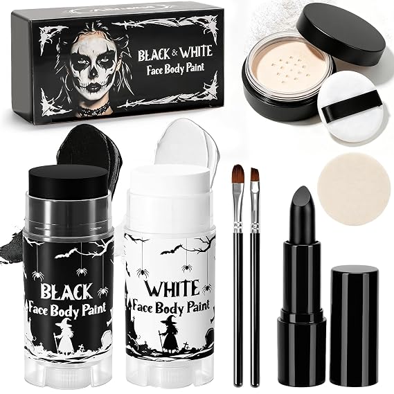 Black & White Oil Face Body Paint Washable Halloween Cosplay Makeup | Black Lipstick+Setting Powder+2 Brushes+1 Sponge, Non Toxic Special Effects Makeup Kit for Vampire, Clown Accessories