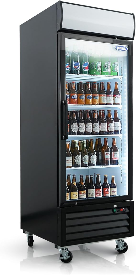 27" W Glass Door Refrigerator 21.7 Cu.ft 32F ~ 44F Commercial Display Beverage Fridge with LED Top Panel