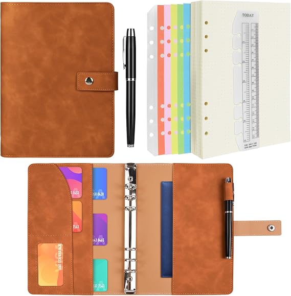 A6 Ring Binder Notebook PU Leather Diary, Refillable Notebook with A6 Dot Grid Paper & Inner Pockets & Index Divider, Spiral Journal Binder for Travel Work School and Personal Organizer-Brown