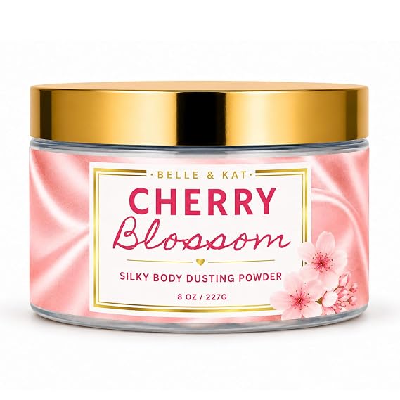 Cherry Blossom Scented Body Powder for Men & Women, Bath Perfume Dusting Powder with Fragrance & Essential Oils, Talc Free 8oz Large Container with Puff, Made in USA