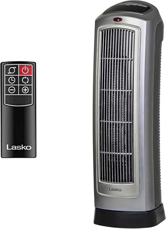 Lasko Oscillating Digital Ceramic Tower Heater for Home with Adjustable Thermostat, Timer and Remote Control, 23 Inches, 1500W, Silver, 755320