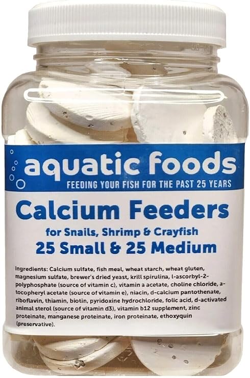 Calcium Enriched Sinking Food Disks for Shrimp, Snails, Crabs, Crayfish, Hermit Crabs, Plecos, Catfish, Bottom Fish, All Tropical Fish. 25 Small & 25 Medium Discs Jar