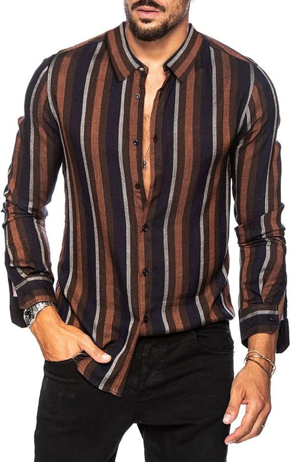 ZANABNG Men's Colorblock Striped Long Sleeve Button Down Shirt Lapel Loose Fit Lightweight Casual Men's Shirt