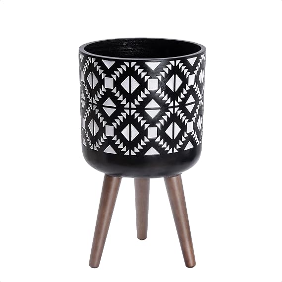 D'vine Dev Planter Pot with Wood Stand, 10 in, White/Black, 88-G-B-4