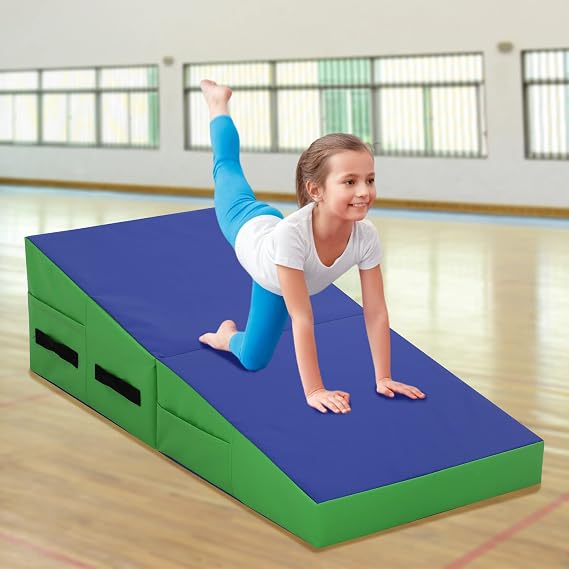 Gymnastics Mat 48x24 Inch Folding Incline Gymnastics Mat with Handle for Kids' Indoor/Outdoor Exercise, Tumbling, Skill Training, Gym Exercise, Cheese Mat, Gymnastics Wedge