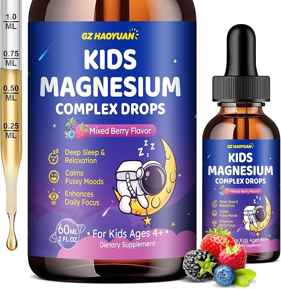 Magnesium Complex Liquid for Kids, Magnesium Glycinate, Malate, Taurate, Citrate with L-Theanine, Vitamin B6, B12, D3 Kids Liquid Drops for Sleep, Relaxation, Calm, Focus - 2 Fl Oz, Mixed Berry Flavor
