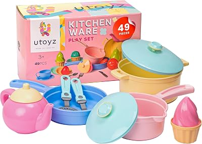 uToyz Kids Play Kitchen Toys 49pcs Pretend Play Kitchen Accessories with Cooking Toys, Large Kids Pots and Pans Playset, Toy Dishes for Toddler Cooking Set, Pretend Pots and Pans for Ages 3