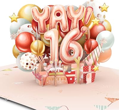 Liif Happy 16th Birthday Card For Girl, Daughter, Granddaughter, Niece, Sweet sixteen, 16 Years Old Birthday Card- Pink, Balloons, Party | With Message Note & Envelop | Size 7 x 5 Inch