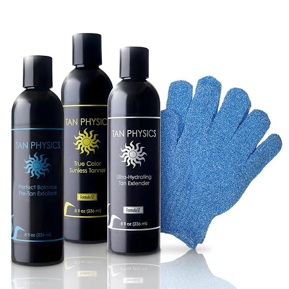 Tan Physics True Color Combo with Tanner, Exfoliator, Extender & Exfoliation Gloves Self Tanning Lotion Instant Tanning Lotion for Face & Body Natural Self Tanner for a Streak-Free