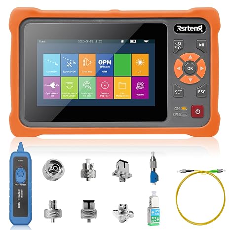Rsrteng OTDR Fiber Optic Tester Test Rang 500m-100Km 4.3" Touch Screen Event Map OPM VFL LS OLS RJ45 Test 8GB TF Card PC-Sides Analysis Software Connector with UPC/FC SC LC ST (RSO-4000T)