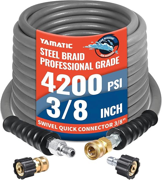 YAMATIC 3/8" Non-Marking Pressure Washer Hose 50 FT, Swivel Quick Connect