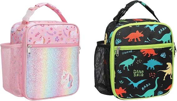 Bagseri Kids Lunch Bag for Boys and Lunch Bag for Girls, Insulated Lunch Bag with Leak-Proof Glitter Unicorn Pink Bundle with Black Dinosaur