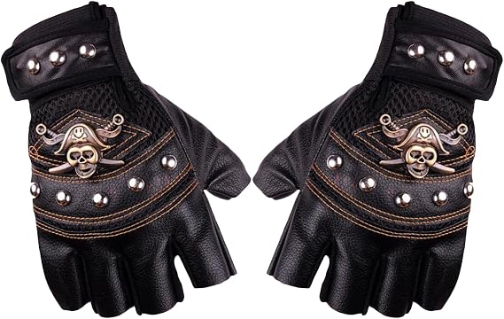 Steampunk Half-Finger Gloves, Black, Leather, Unisex, Halloween, Cosplay, Gothic, Men Women