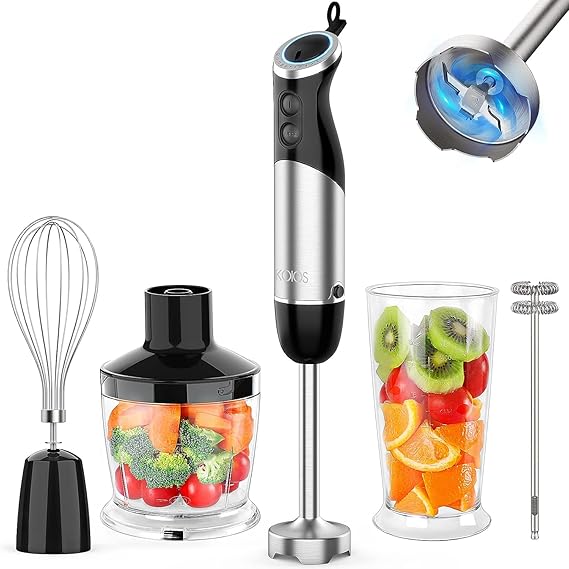 KOIOS Upgraded Immersion Blender Handheld, 1000W 12-Speed 5 in 1 Hand Mixer Stick Blender with 304 Stainless Steel Blade,Food Processor,Beaker,Egg Whisk&Milk Frother,Non-BPA,Smoothies Puree Baby Food