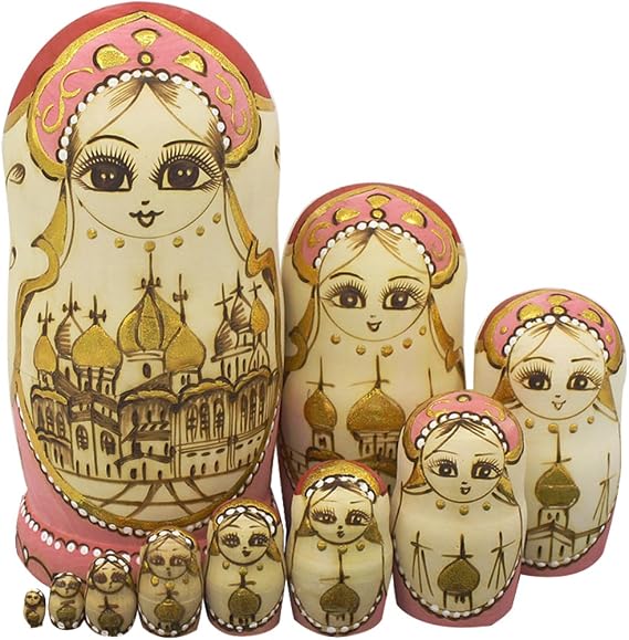Winterworm Cute Handmade Wooden Traditional Russian Girl in Moscow Kremlin Traditional Russian Nesting Dolls Matryoshka Dolls Set 10 Pieces for Kids Toy Home Decoration