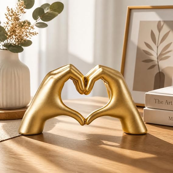 SANTA CASA Small Gold Heart Hands Sculpture, Gold Tone Desktop Art Statue