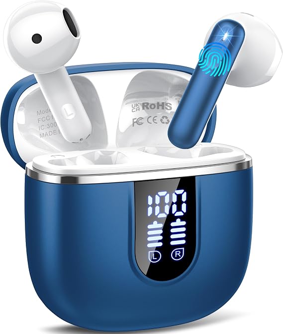 Wireless Earbuds, Bluetooth 5.4 Headphones with 3D Bass Stereo, Bluetooth Earbuds with 4 ENC Noise Cancelling Mic, 40H Ultralight In-Ear Buds USB-C LED, IP7 Waterproof Earphones for Android iOS, Blue