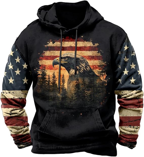 American Flag Hoodie for Men Eagle Graphic Pullover Hooded Sweatshirt Crewneck patriotic Shirts Black Casual Oversized Lightweight Long Sleeve Sweater Winter Fall Outftis Tops Jackets,S