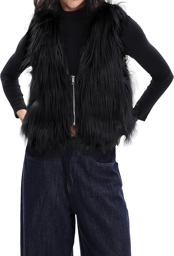 Womens Faux Fur Vest Zip Up V Neck Sleeveless Open Front Top