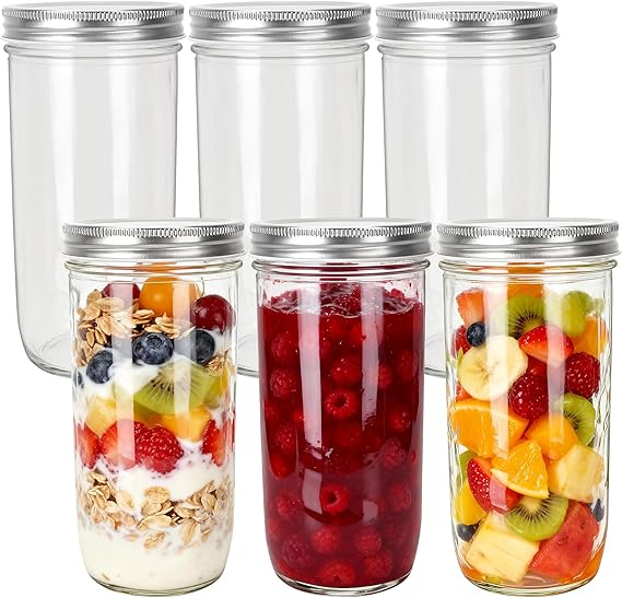 24 oz Mason Jars with Silver Lids and Bands, 6 Pack | 720ml Glass Canning Jars for Preserving,Food Storage,Pickling,Party&Drink Favors