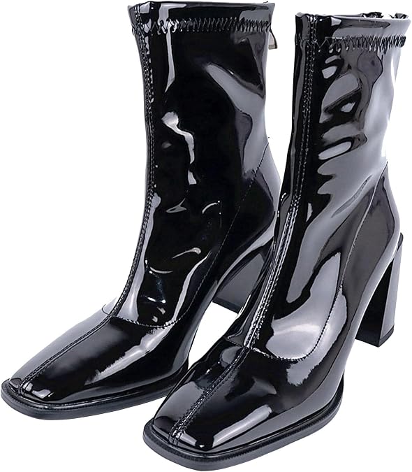 Seborluys Women's Patent Leather Square Toe Ankle Boots Stretch Block Heeled Zip Up Booties