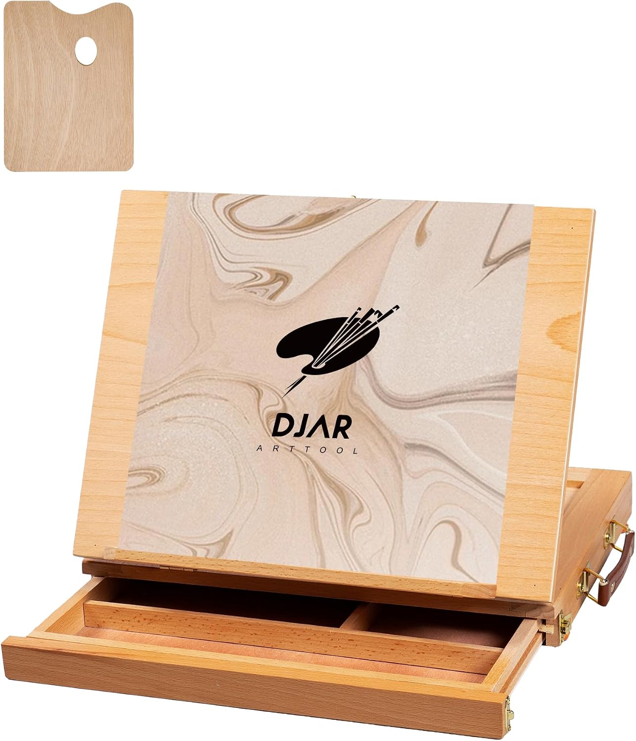 DJAR Adjustable Tabletop Art Easel – Beechwood Desktop Sketch Easel Box with Storage Drawer & Palette, Drawing, Sketching, and Painting, Hold Canvas up to 11 x 14, Natural