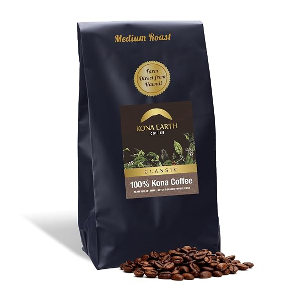 KONA EARTH 100% Kona Coffee, Classic Medium Roast, Whole Bean, 5 lb (80 oz) Farm-Direct Authentic Hawaiian Kona Coffee beans from Hawaiis Big Island, Micro-Batch-Roasted