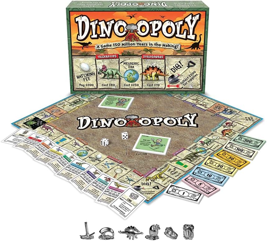 Dino-Opoly Board Game - Family Time Games for Adults and Children, 2 to 6 Players, Strategy Fun For Ages 8 and Up - A Dinosaur Trading Game 150 Million Years In The Making