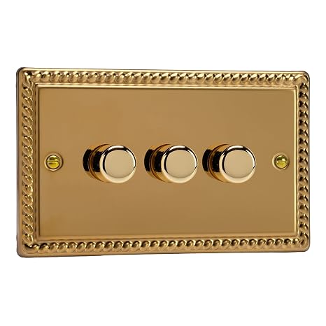 Varilight Georgian Brass, LED Dimmer Switch - V-Pro Series, 3 Gang (Double), 1 or 2 Way, 300 Watt (Trailing Edge)