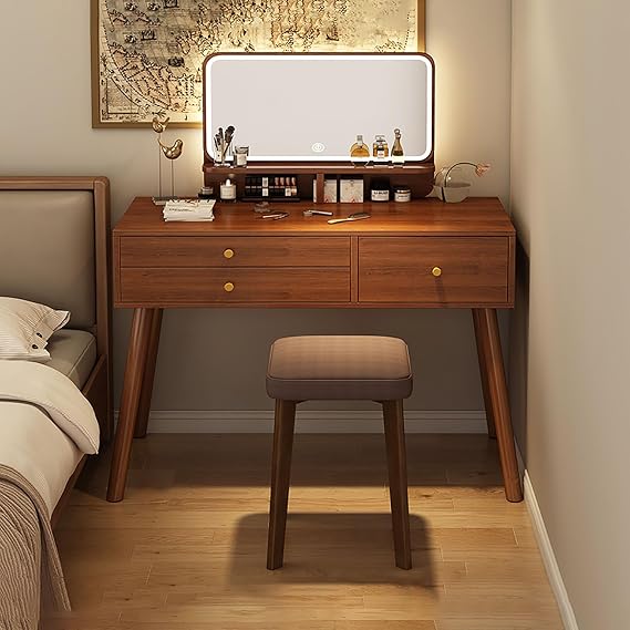 Dressing Table with Lights Mirror Wooden Makeup Desk with Cushioned Stool Modern Vanity Desk for Bedroom with Cushioned Stool and Lights for Women Girls Bedroom Bathroom Vanity Table.(101x41x136cm)