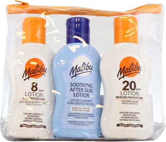 Malibu Sun Travel Tanning Essentials with SPF 10 &15 Dry Oil Spray, Moisturising After Sun Gel, Holiday Tanning & After Sun Care Set, Water Resistant, Multipack, 3 x 100ml