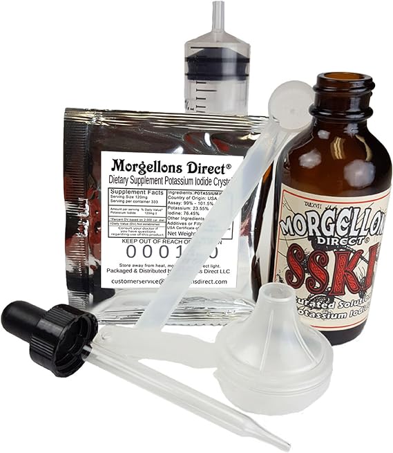 SSKI Iodine Potassium Iodide Solutions Mixing Kit Includes Necessary Tools and pre-Measured Dietary Supplement Potassium Iodide Crystals. Just add Distilled Water.