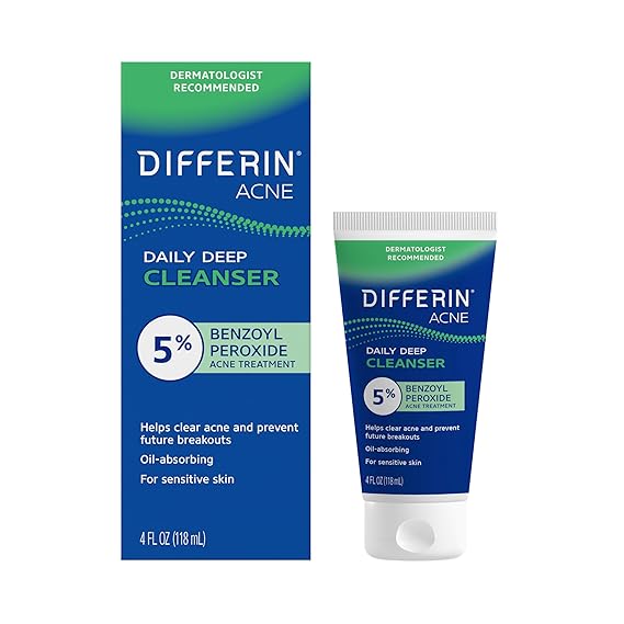 Differin Acne Face Wash with 5% Benzoyl Peroxide, Daily Deep Cleanser by the makers of Differin Gel, Gentle Skin Care for Acne Prone Sensitive Skin, 4 oz Packaging May Vary