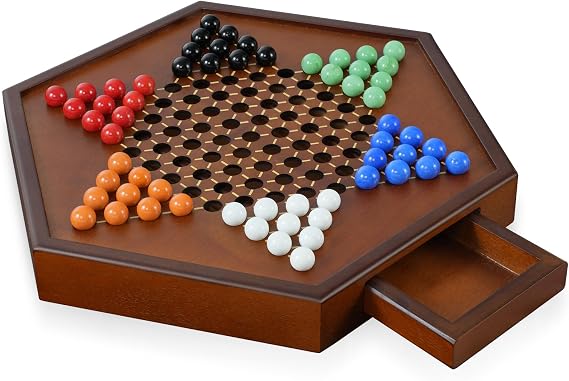 15" Large Upgraded Wooden Chinese Checkers Game Board Premium 16mm Glass Marbles (60 + 12 Extras), Easy Grip, Storage Drawer, Ideal Multi-Player Puzzle Game for 2-6 Players