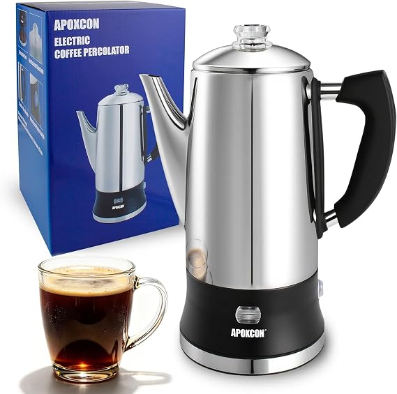 APOXCON Electric Coffee Percolator, Stainless Steel Pot with Heat-Resistant Glass Knob & Cordless Serving, Modern Coffee Maker (12 cups)