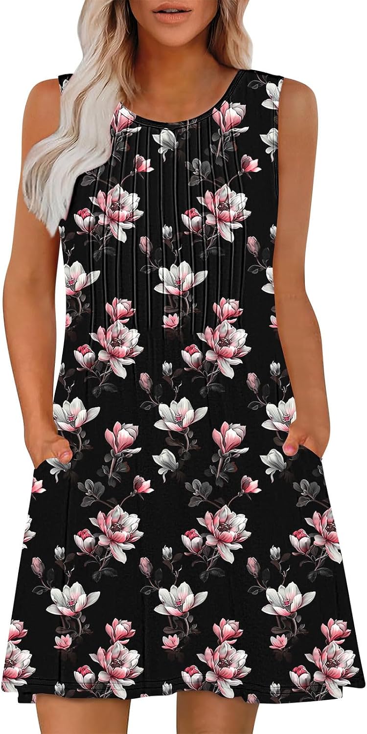 Vacation Dresses for Women 2025 Casual Loose Crewneck Sleeveless Sun Dress Floral Boho Summer Dress with Pockets