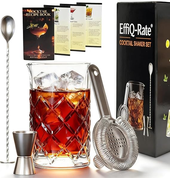 Professional 24 Oz Cocktail Mixing Glass Set - Thick Bottom Crystal Clear Bar Tools with Strainer, Jigger (15/30ml), Spoon & Recipe Guide