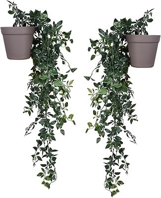 VENTO 2 Pack Fake Artificial Hanging Plants with Pots, Faux, Vines, Pathos, Greenery for Home, Garden, Office, Balcony, and IndoorOutdoor Decor, Durable Plastic, No Maintenance, Brown, 28x10x10 cm