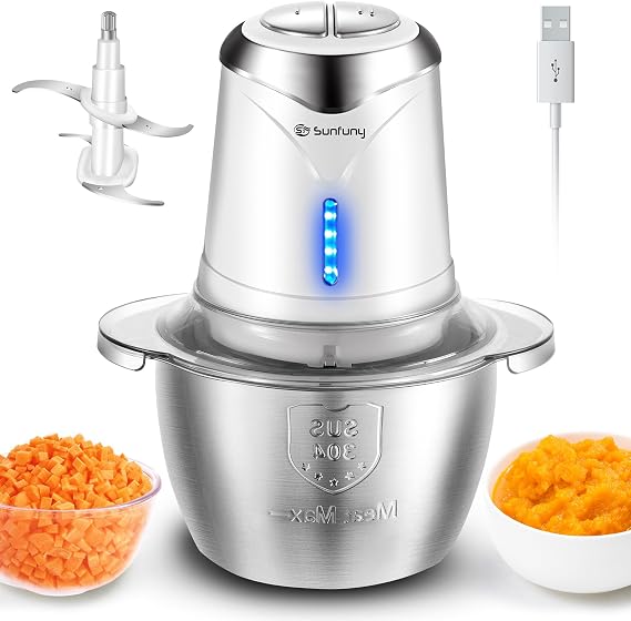 Cordless Food Processor, 5-Cup Stainless Steel Wireless Chopper w/ 2 Speeds | 6000mAh Rechargeable Battery, Fast Powerful Chop, Dishwasher-Safe, Small Electric Vegetable Meat Blender, Portable Mini Mixer